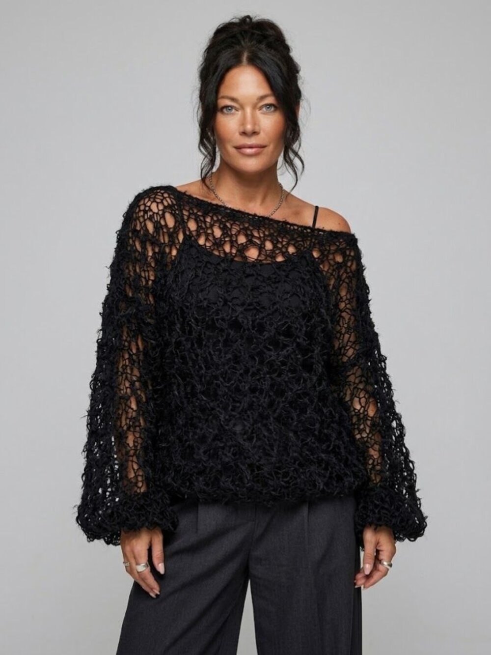 Black Openwork See-Thru Long Sleeves Sweater Pullover